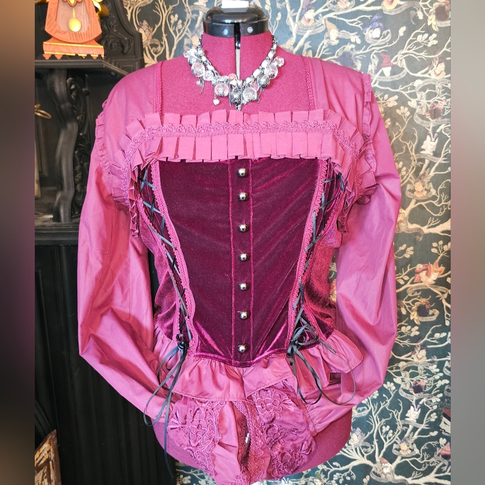 Scarlet Darkness XXL Dark Burgundy Victorian Gothic Steampunk Corset Blouse - Picture 2 of 14